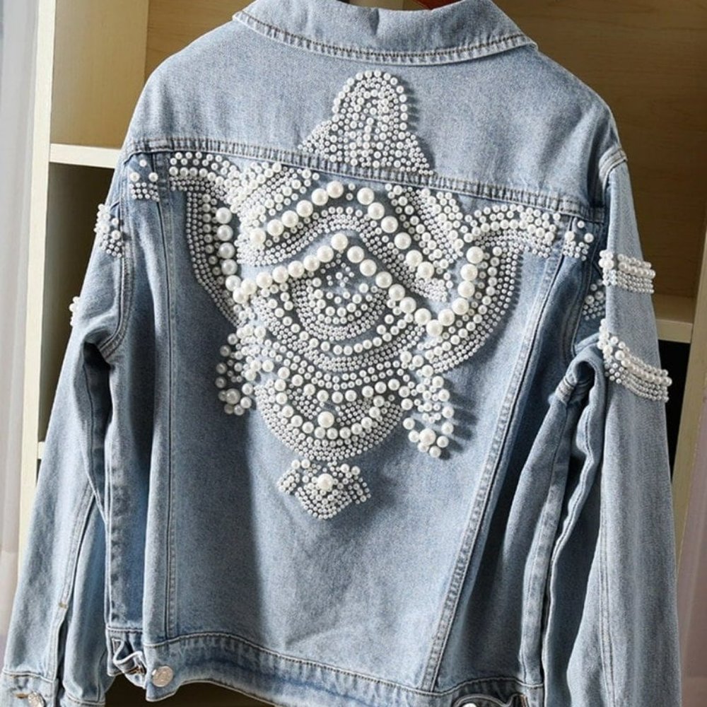 PEARL Denim Jacket, Women Boho Denim Jacket, Bead Embellishment, Women Outerw
